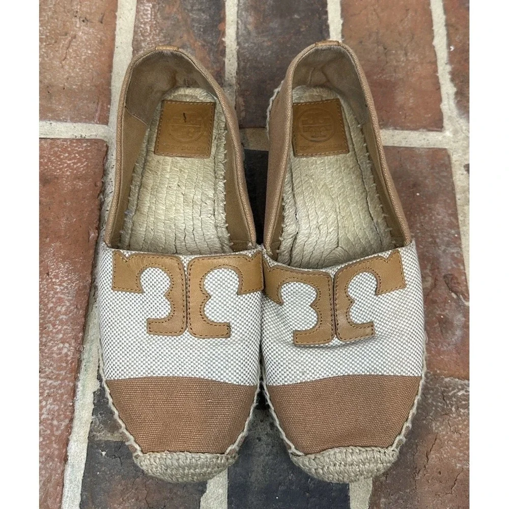 Tory Burch Espadrille Flats‎ Tan & Cream Canvas Slip-On Shoes Size 8 M
